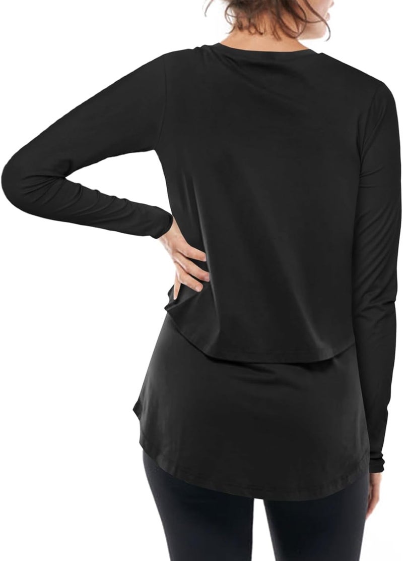 UNCLECAT Store Womens Maternity Nursing Tops Casual Long Sleeve Double Layer Breastfeeding Shirts Pregnancy Clothes Black - Image 3